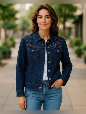 Chico’s Platinum Denim Jacket, Sz. 2(L), Embellished/Embroidered, Drk Blue
